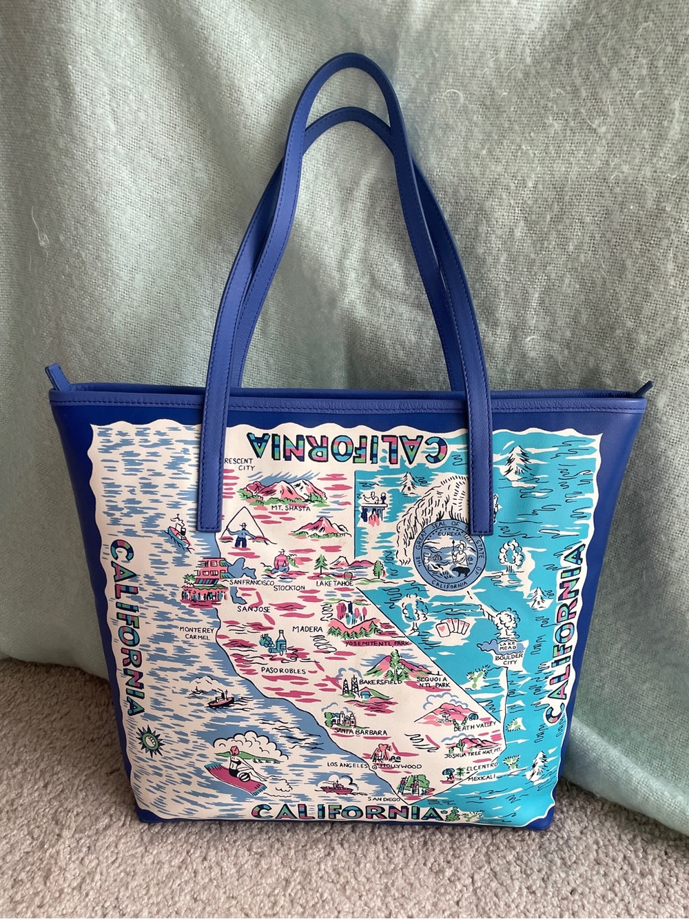 Talbots California State Map Print Graphic Medium Size Blue Pink Tote Bag Purse
